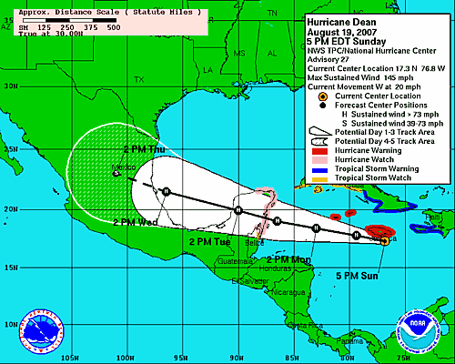 [Image of 5-day forecast of predicted track, and coastal areas under a warning or a watch]